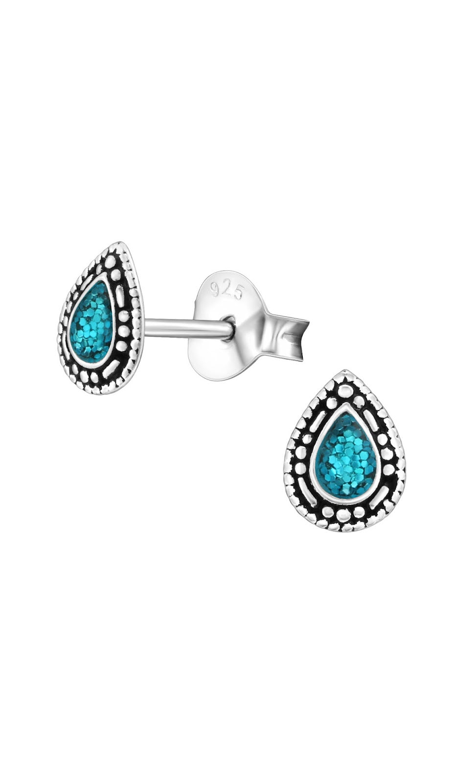 Silver Pear Stud Earrings - Blue Glitter Epoxy Oxidized