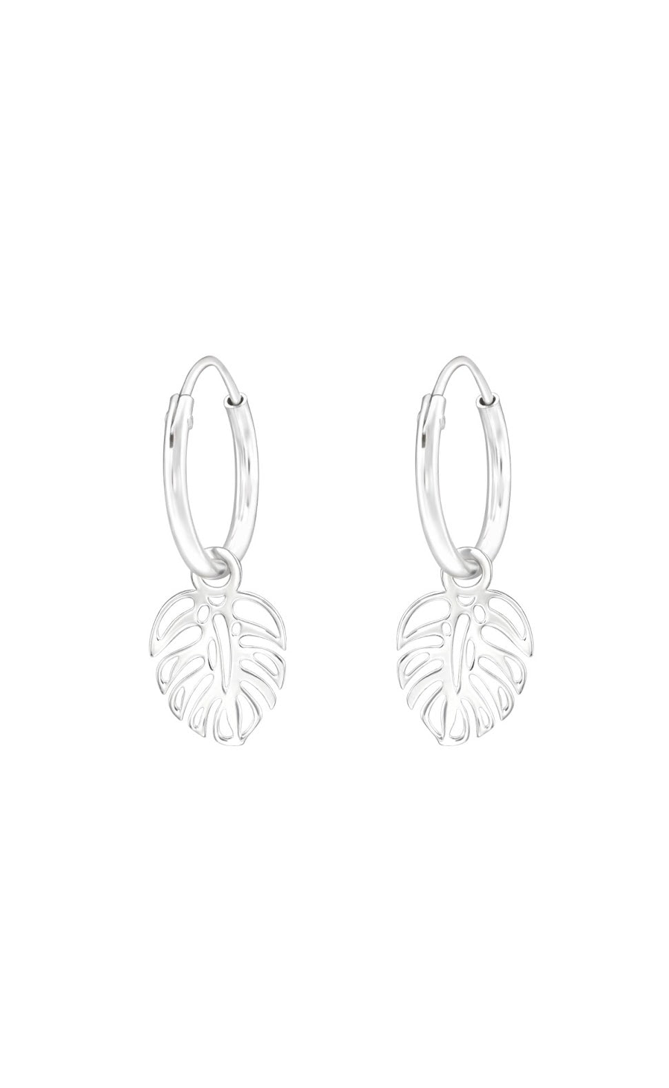 Silver Hanging Leaf Huggies Earrings